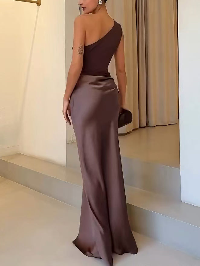 Valentina Ricci | Satin One-Shoulder Evening Maxi Dress with Sculpted Elegance For Women