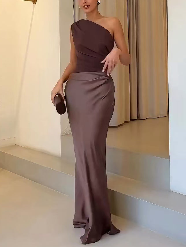 Valentina Ricci | Satin One-Shoulder Evening Maxi Dress with Sculpted Elegance For Women