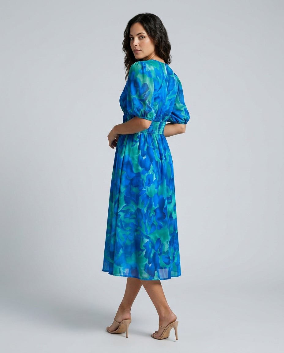 Phoebe Harrison | V-Neck Puff Sleeve Pleated Midi Dress For Women