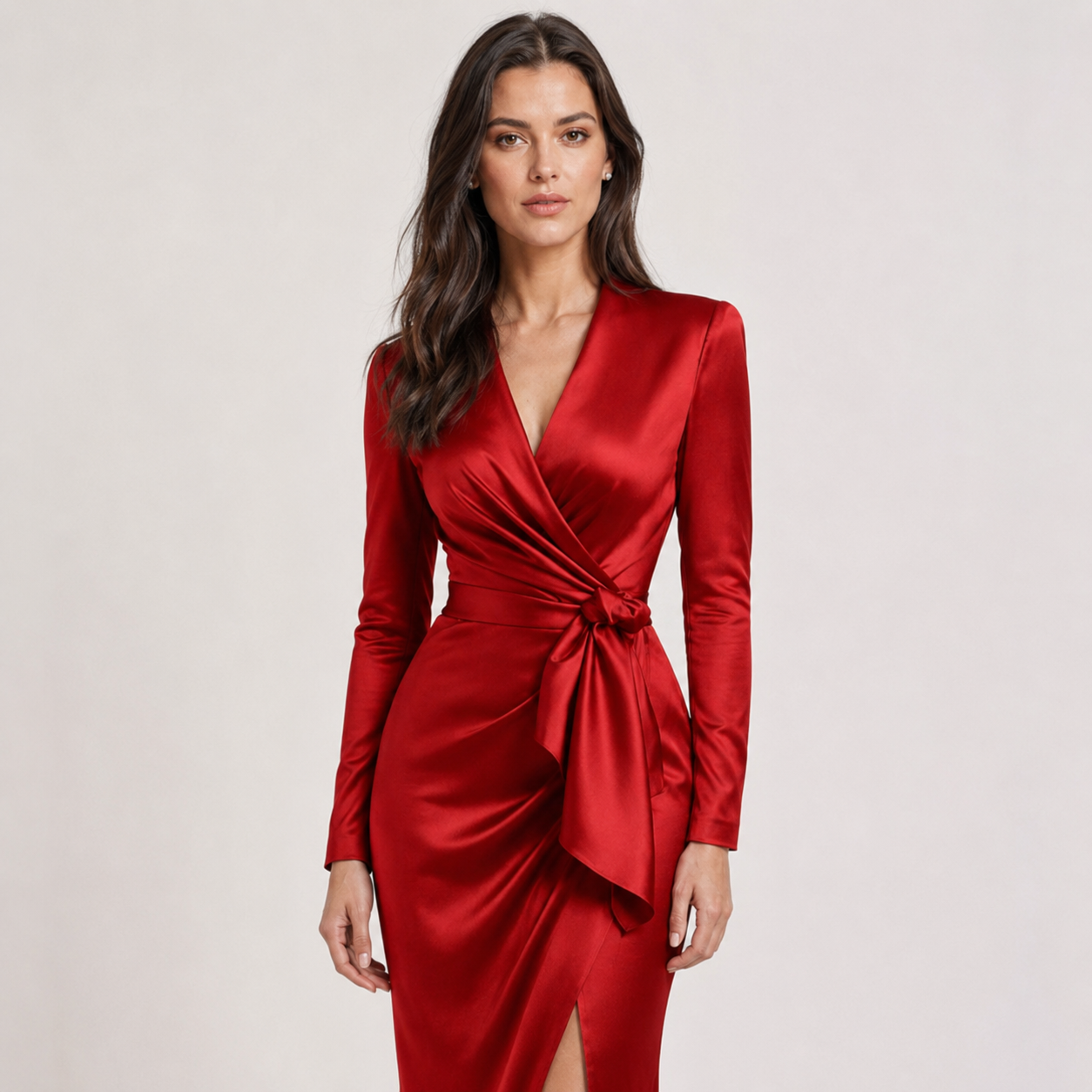 Elise Fairfax | Satin Wrap Midi Dress in Burgundy Red For Women