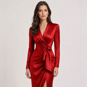 Elise Fairfax | Satin Wrap Midi Dress in Burgundy Red For Women