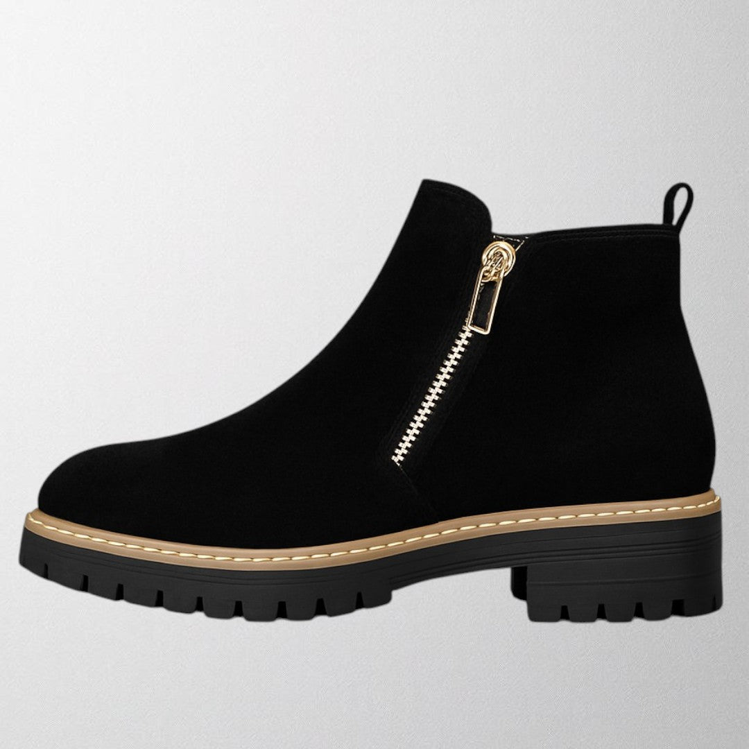 Tara Sinclair | Black Suede Ankle Boots With Gold Zip For Women