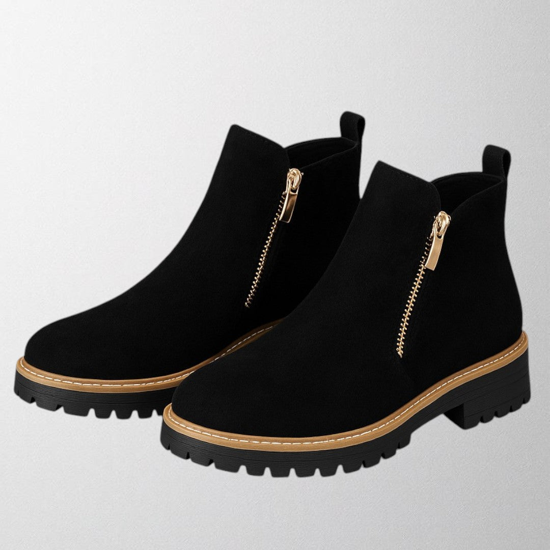 Tara Sinclair | Black Suede Ankle Boots With Gold Zip For Women