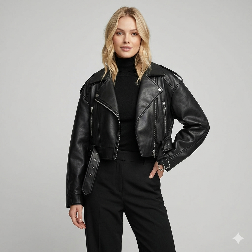 Alessia Romano | Cropped Moto Leather Jacket For Women