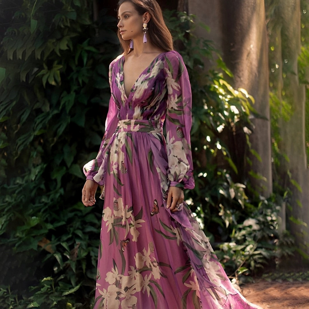 Charlotte Campbell | Purple Floral Chiffon Maxi Dress For Women