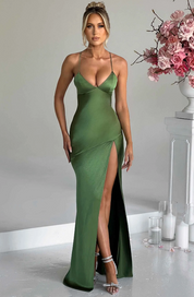 Sienna Donovan | Satin Halter Neck Slit Maxi Dress For Women