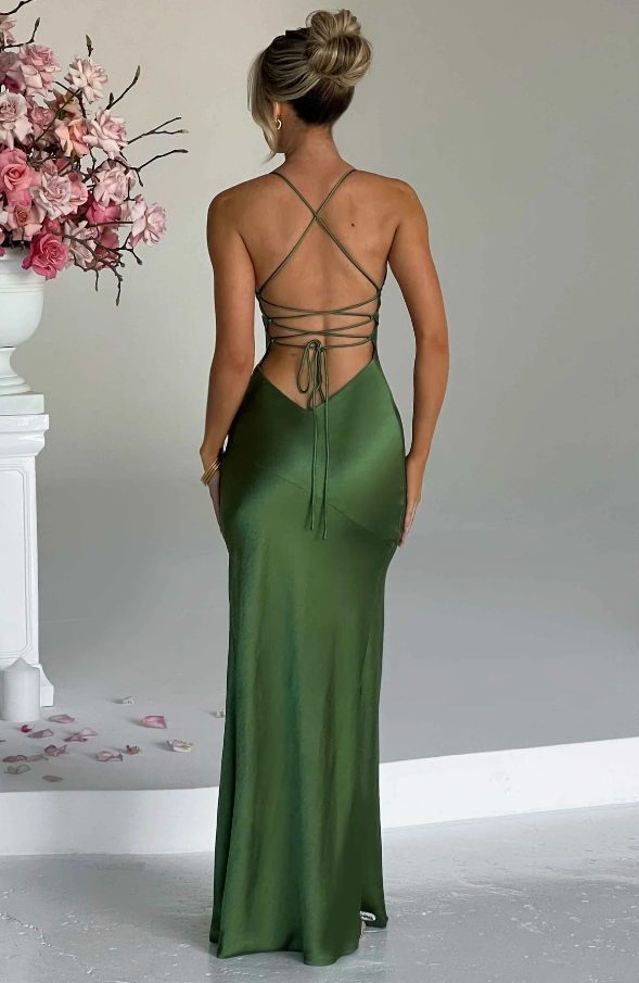 Sienna Donovan | Satin Halter Neck Slit Maxi Dress For Women