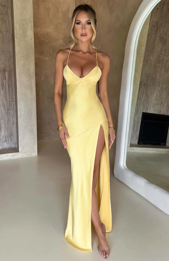 Sienna Donovan | Satin Halter Neck Slit Maxi Dress For Women