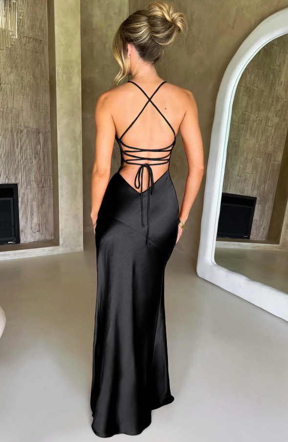 Sienna Donovan | Satin Halter Neck Slit Maxi Dress For Women