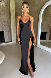 Sienna Donovan | Satin Halter Neck Slit Maxi Dress For Women