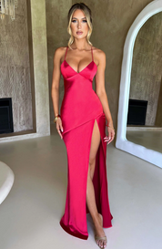 Sienna Donovan | Satin Halter Neck Slit Maxi Dress For Women