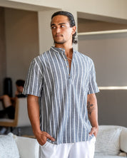 Lorenzo De Luca | Coastal Stripe Mandarin Shirt with Lightweight Comfort For Men