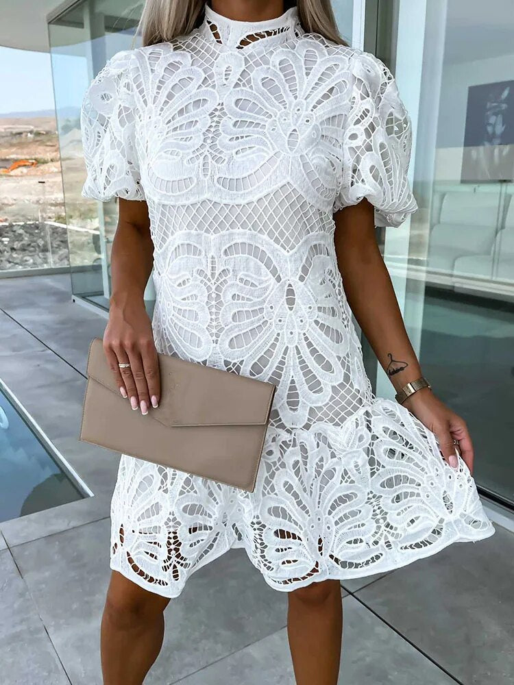 Emma Gallagher | White Lace Mock-Neck Midi Dress For Women