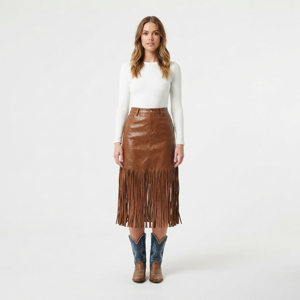 Isla Fenwick | Fringed Leather Midi Skirt For Women