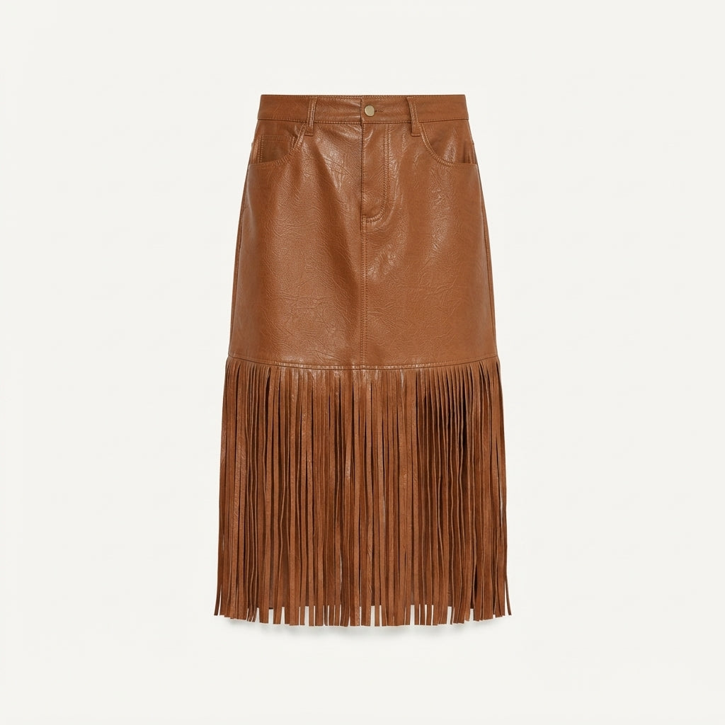 Isla Fenwick | Fringed Leather Midi Skirt For Women