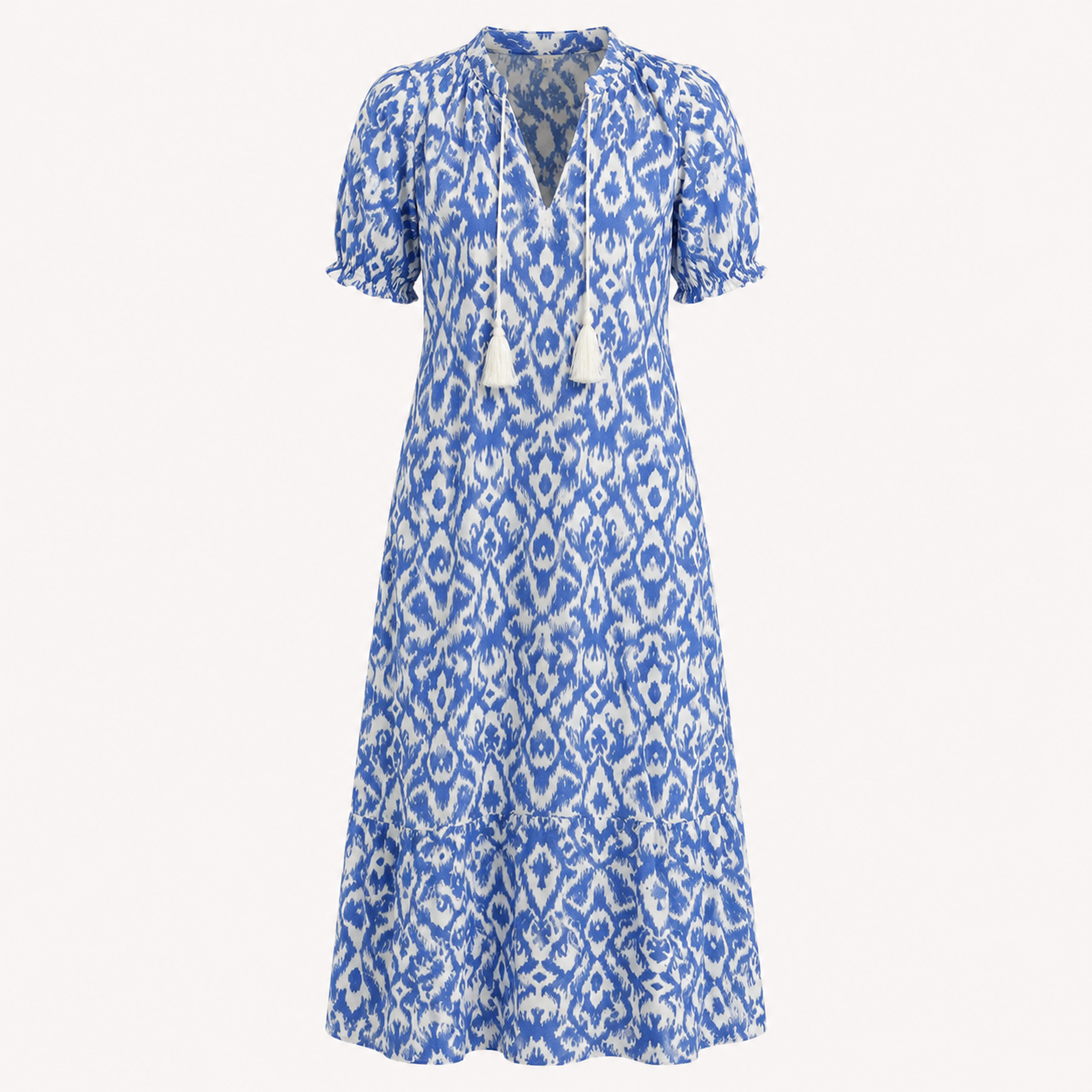 Isla Hargreaves | Ikat Print Tassel V-Neck Midi Dress For Women