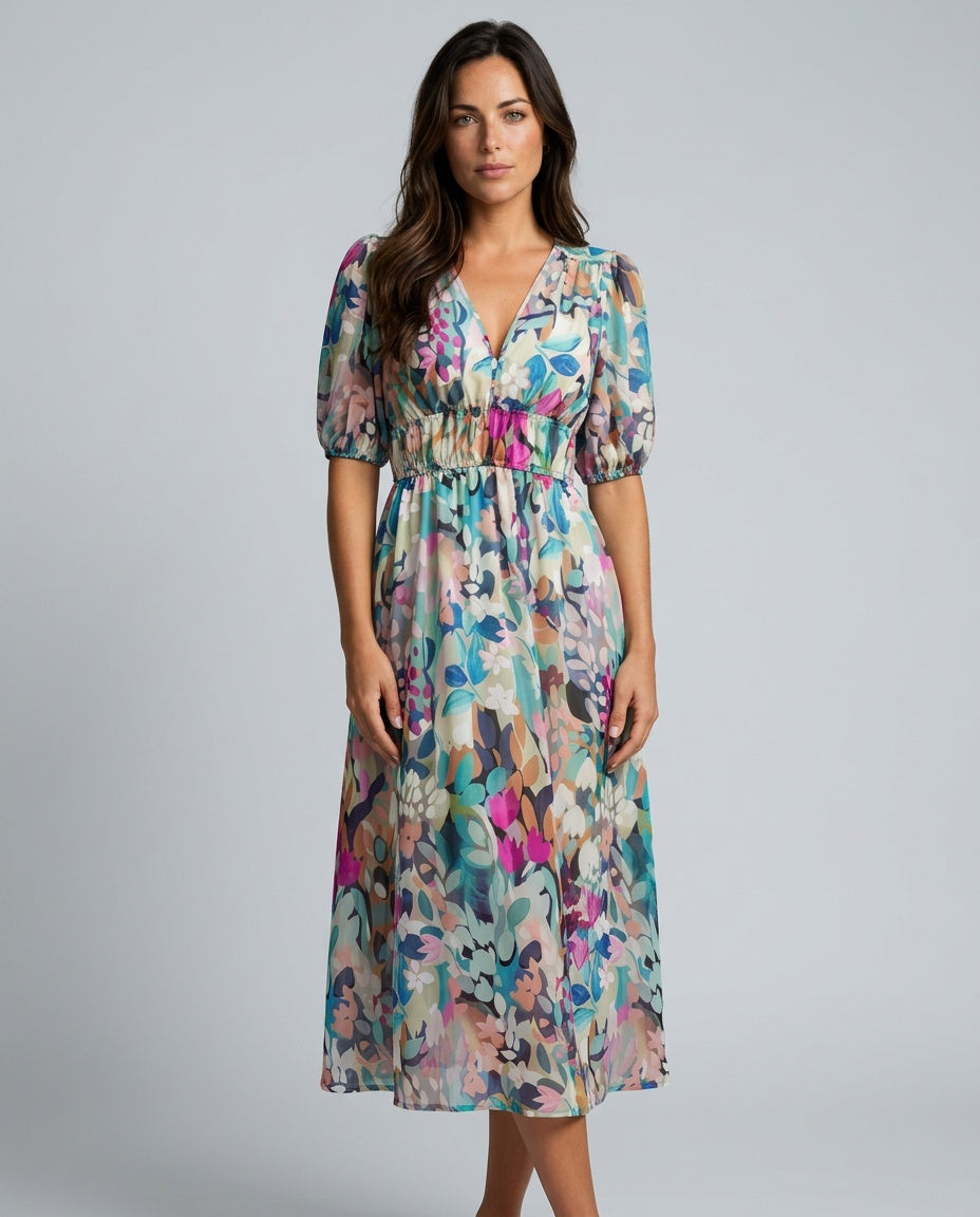 Phoebe Harrison | V-Neck Puff Sleeve Pleated Midi Dress For Women