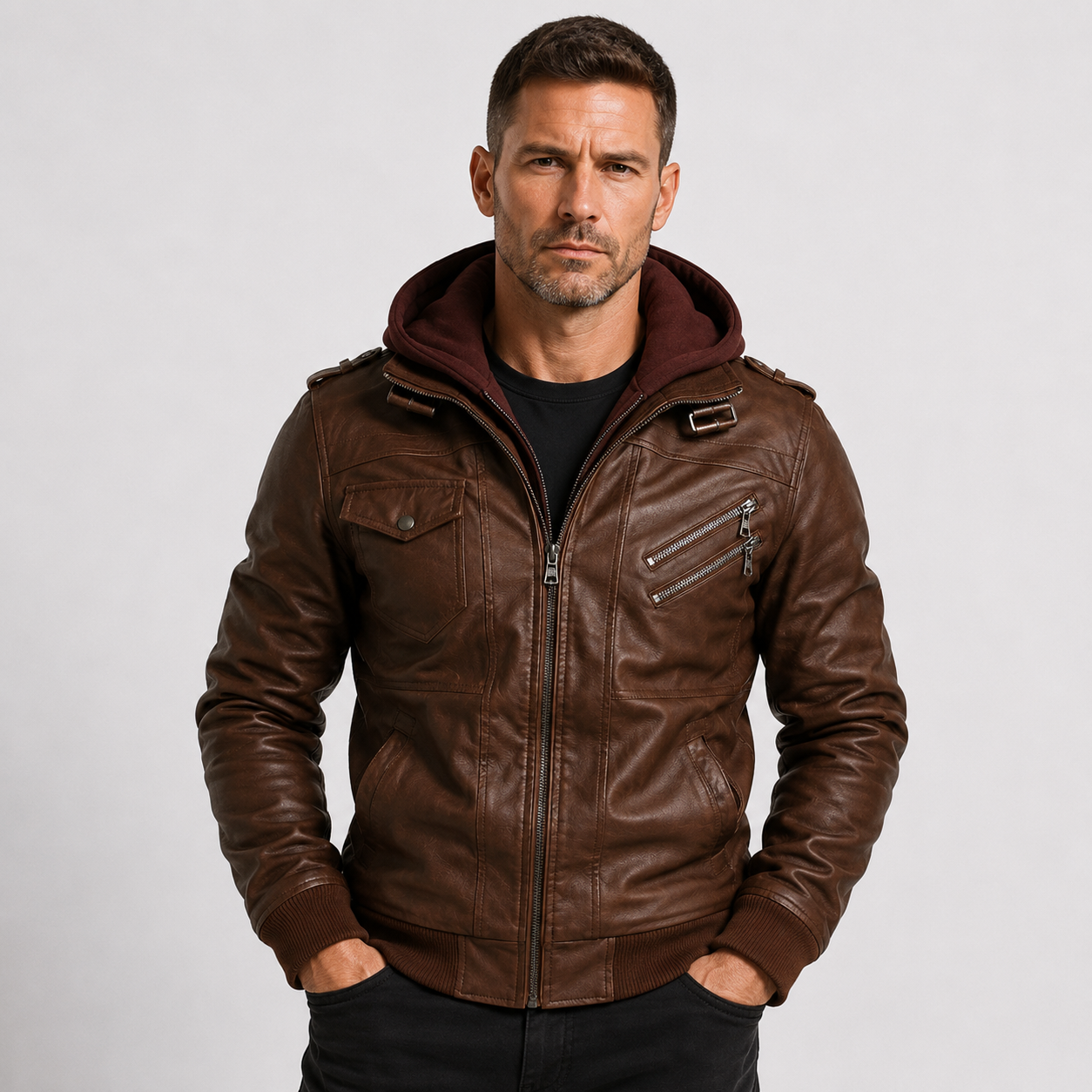 Louis Sinclair | Hooded Leather Bomber Jacket For Men