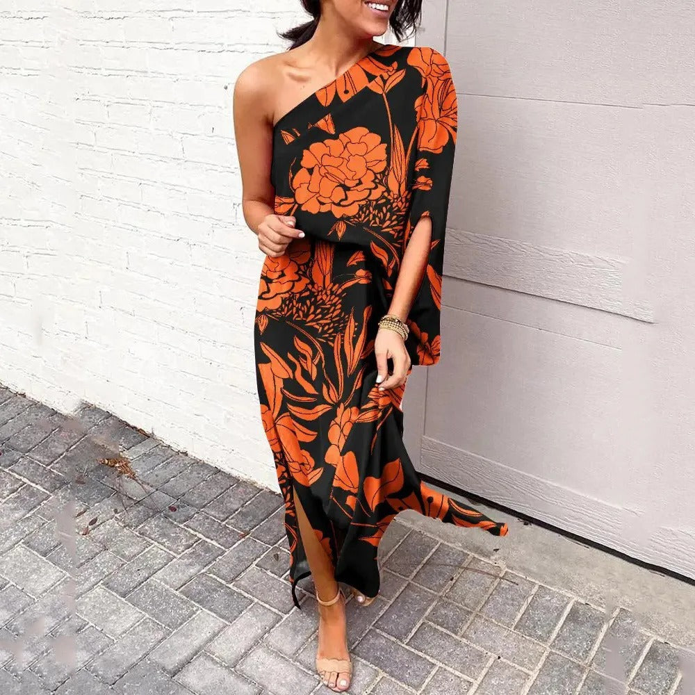 Camille Laurent | One-Shoulder Floral Maxi Dress with Flowing Silhouette For Women