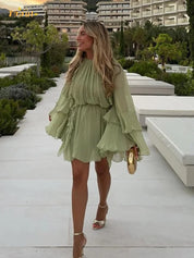 Élodie Rousseau | Ruffled Chiffon Midi Dress with Flowing Sleeves For Women