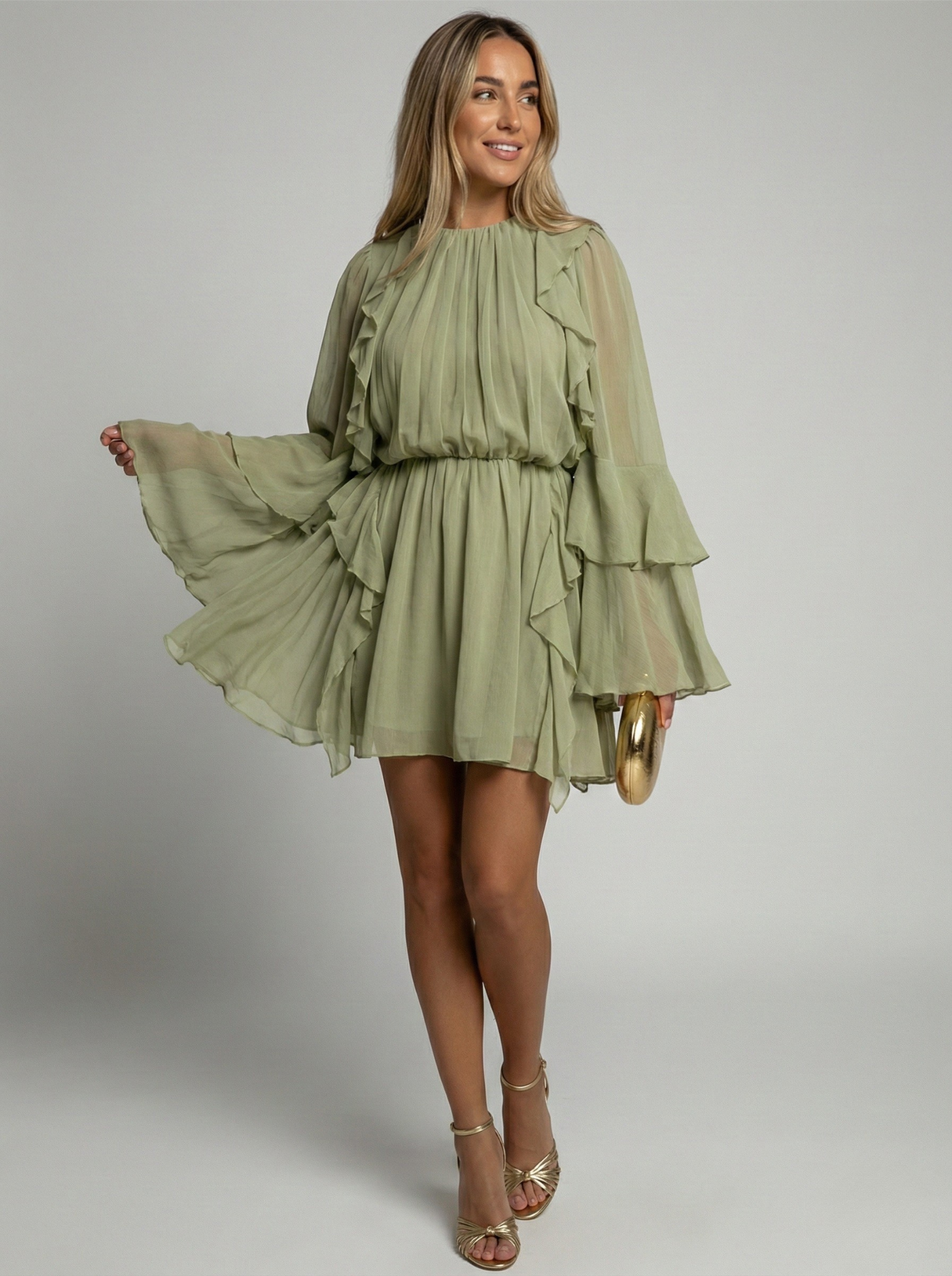 Élodie Rousseau | Ruffled Chiffon Midi Dress with Flowing Sleeves For Women