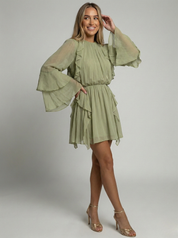 Élodie Rousseau | Ruffled Chiffon Midi Dress with Flowing Sleeves For Women