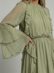 Élodie Rousseau | Ruffled Chiffon Midi Dress with Flowing Sleeves For Women