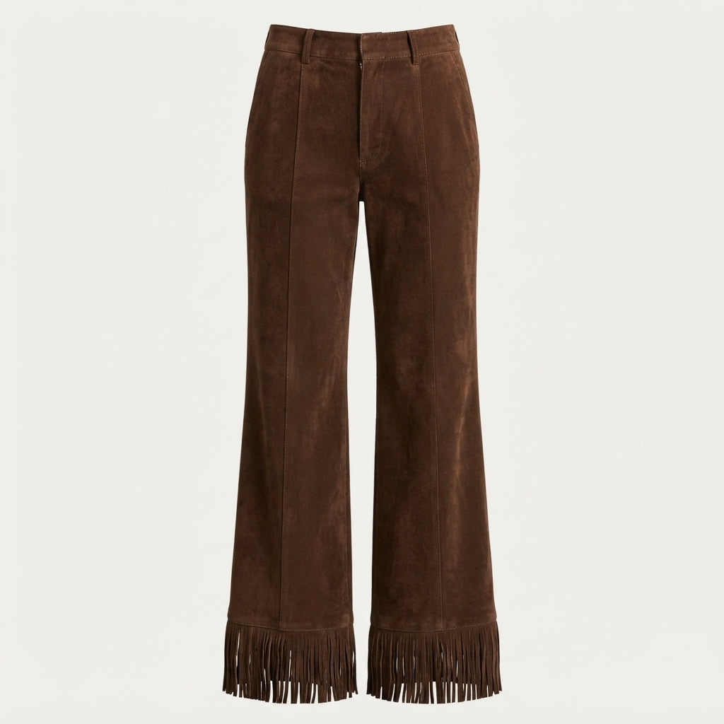 Marnie Ashdown | Faux Suede Flared Trousers With Fringe Hem For Women