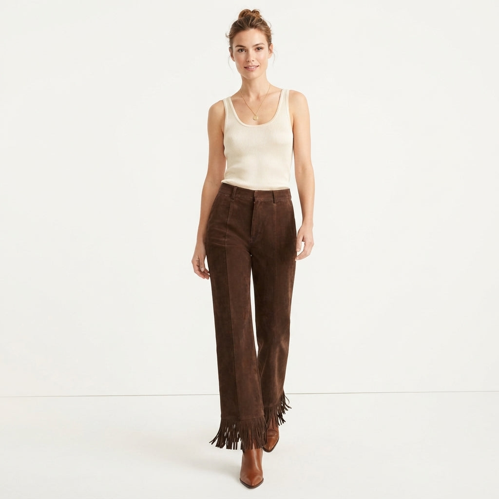 Marnie Ashdown | Faux Suede Flared Trousers With Fringe Hem For Women