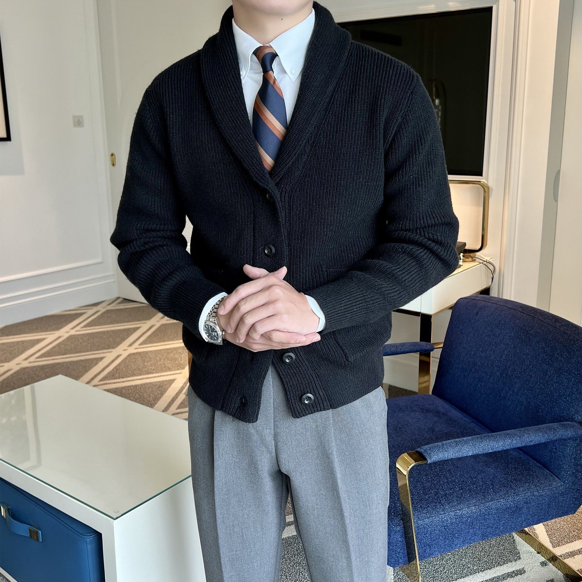 Luca Bianchi | Ribbed Knit Shawl Collar Cardigan with Timeless Comfort For Men