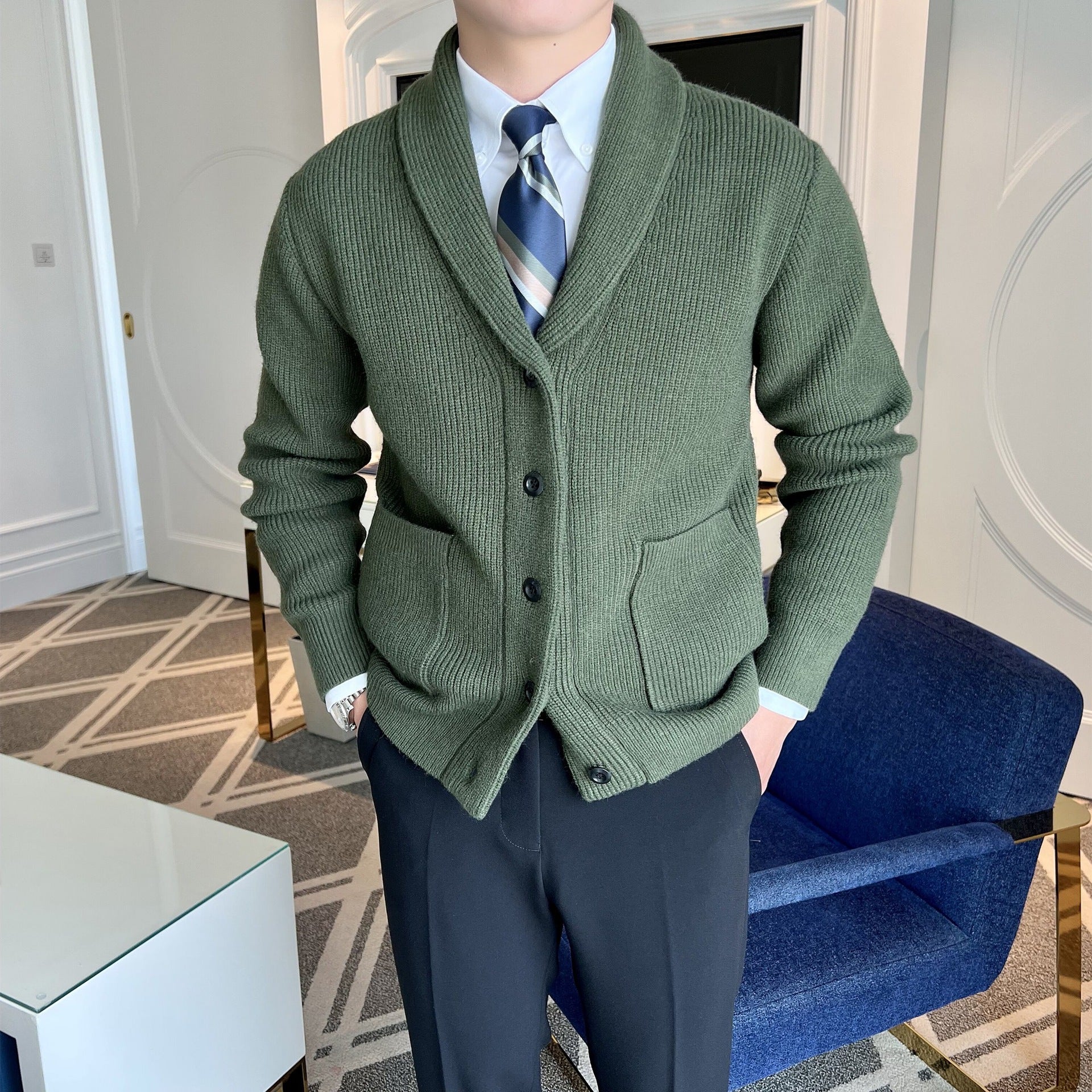 Luca Bianchi | Ribbed Knit Shawl Collar Cardigan with Timeless Comfort For Men