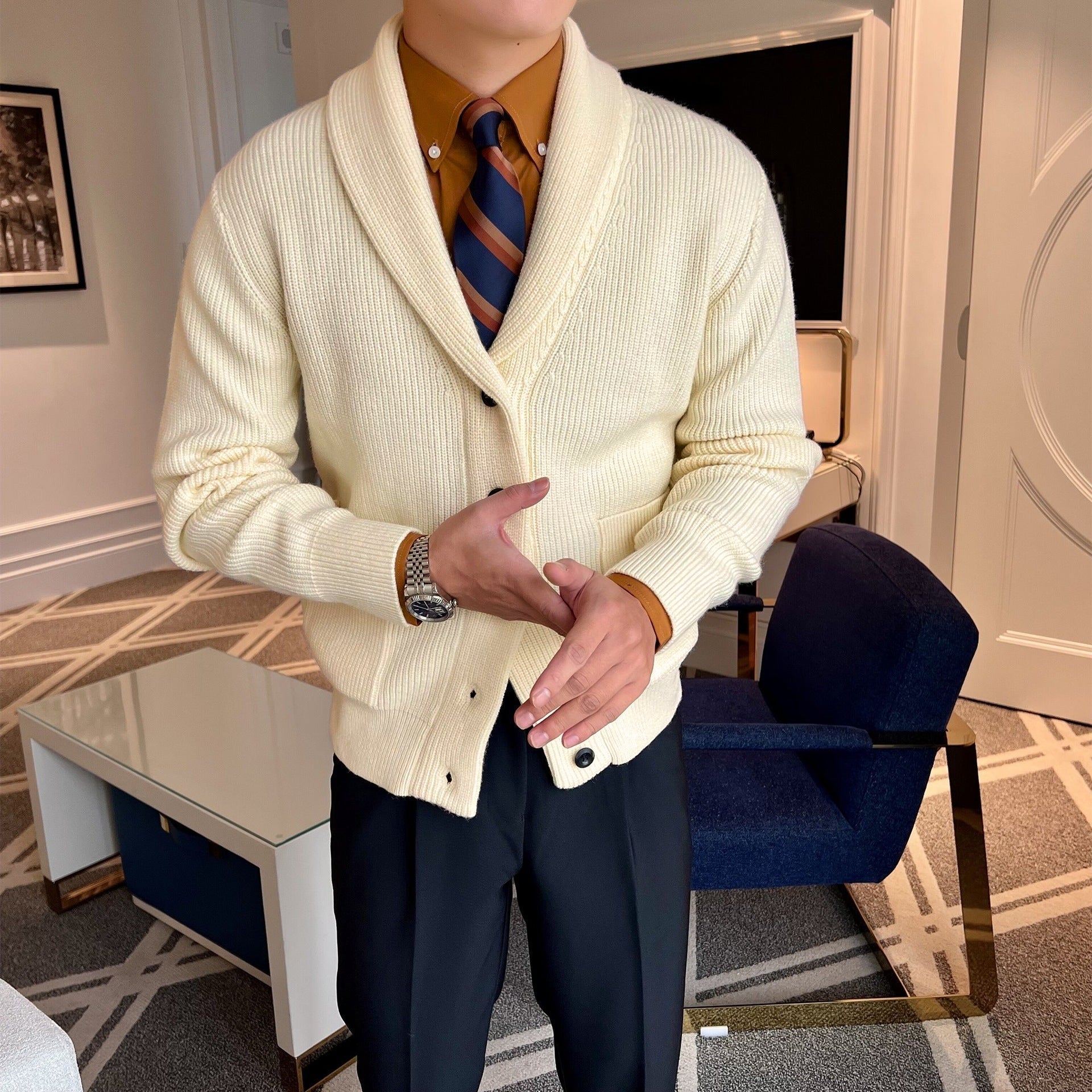 Luca Bianchi | Ribbed Knit Shawl Collar Cardigan with Timeless Comfort For Men