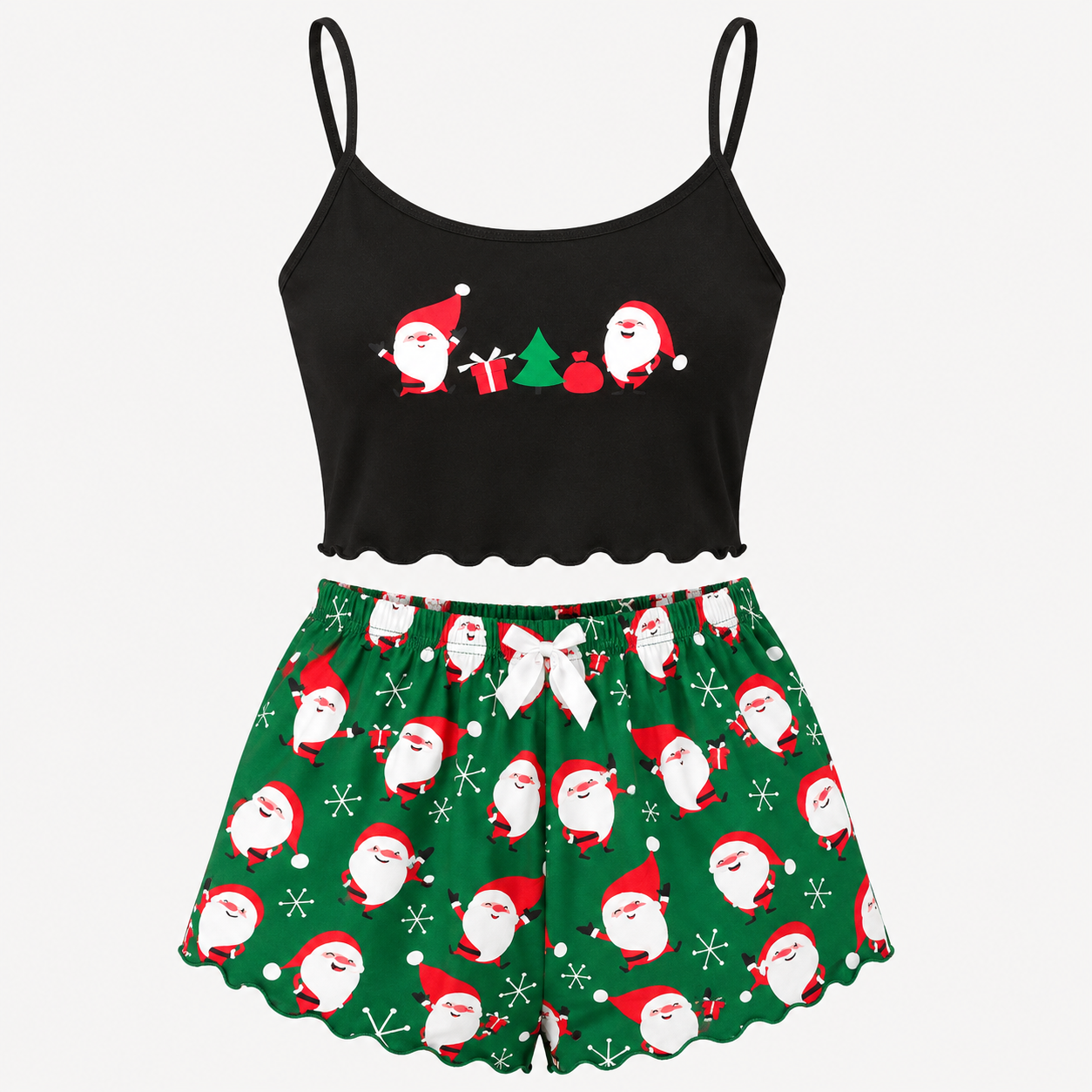 Winter Berry | Black Cami Green Santa Christmas Pyjamas For Women