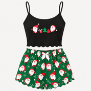 Winter Berry | Black Cami Green Santa Christmas Pyjamas For Women