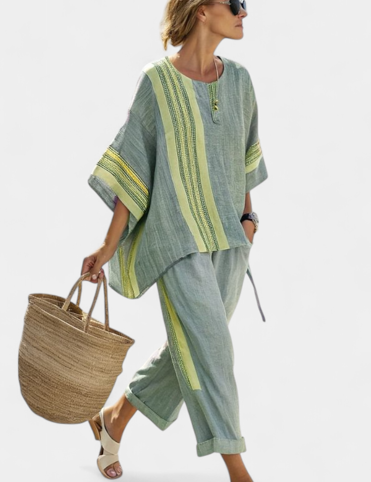 Sienna Rafferty | Linen Contrast Trim Two-Piece Set For Women
