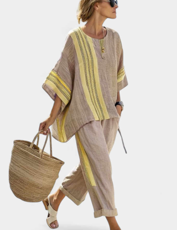Sienna Rafferty | Linen Contrast Trim Two-Piece Set For Women