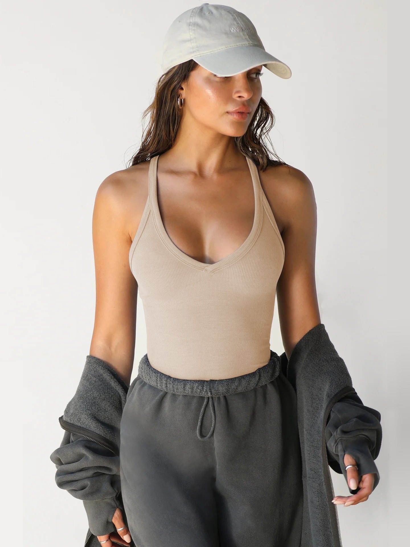 Nell Wynwell | White Ribbed V-Neck Racerback Tank Top For Women
