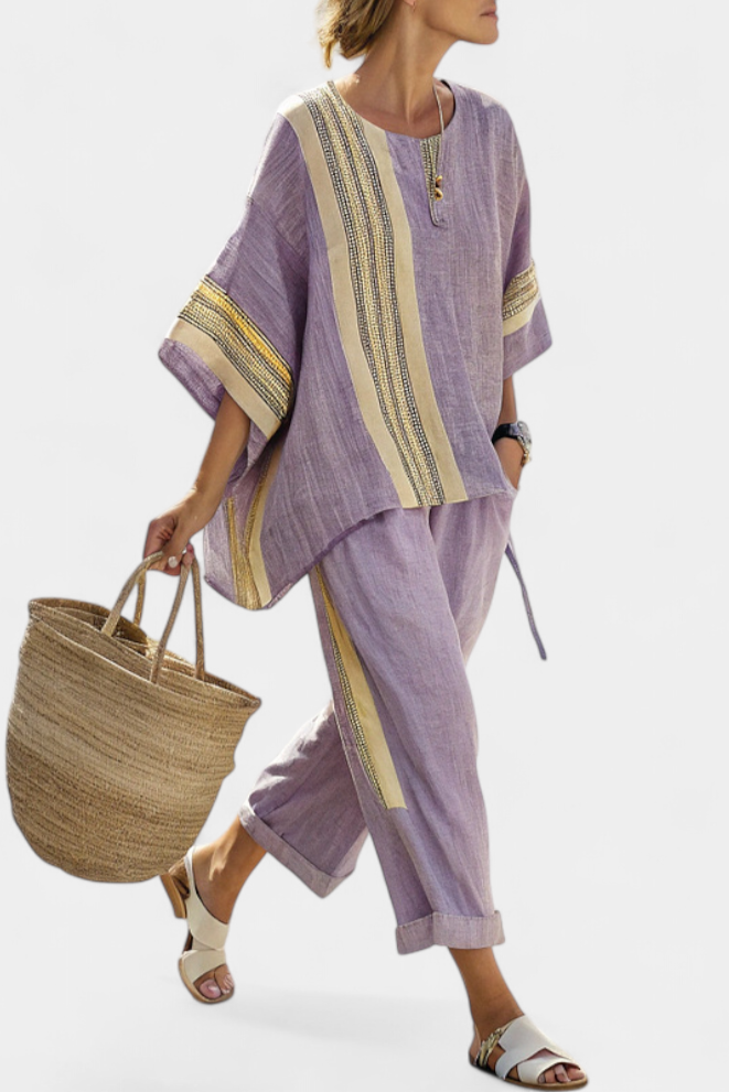 Sienna Rafferty | Linen Contrast Trim Two-Piece Set For Women