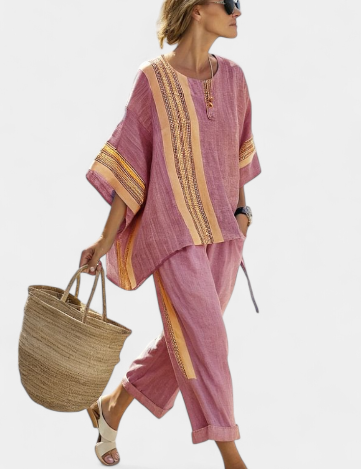 Sienna Rafferty | Linen Contrast Trim Two-Piece Set For Women
