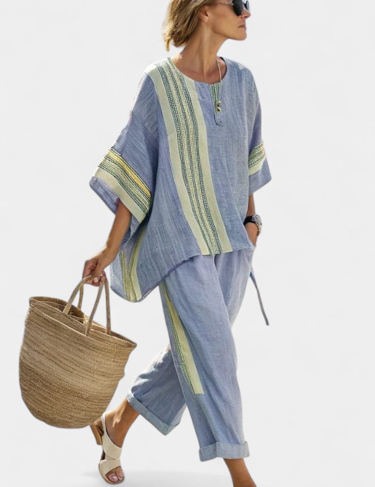Sienna Rafferty | Linen Contrast Trim Two-Piece Set For Women