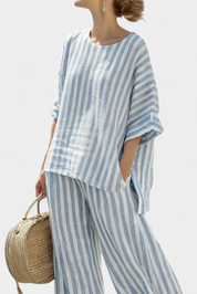 Matilda Young | Striped Linen Top & Wide Leg Pants Set For Women