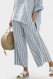 Matilda Young | Striped Linen Top & Wide Leg Pants Set For Women