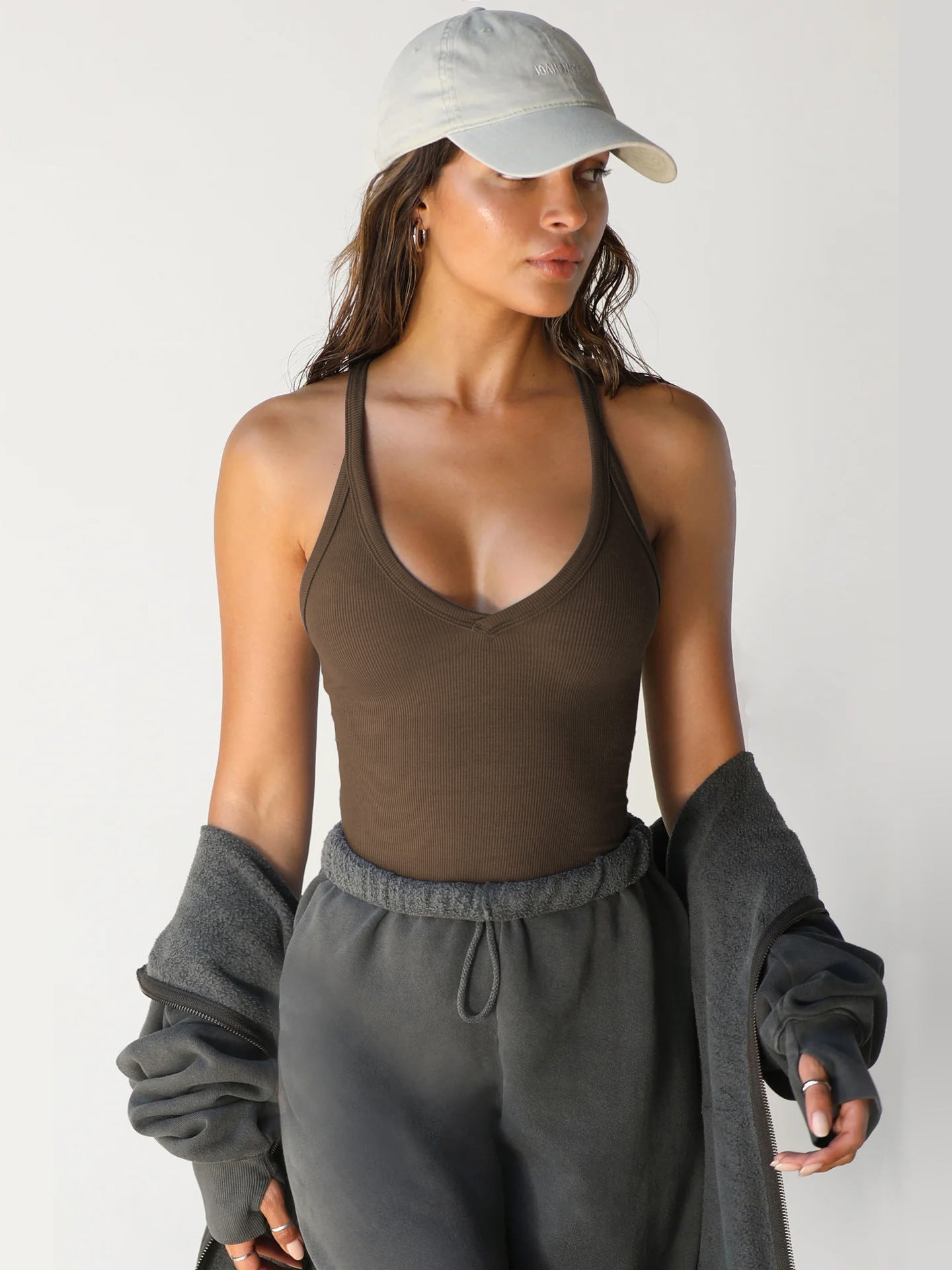 Nell Wynwell | White Ribbed V-Neck Racerback Tank Top For Women
