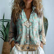 Élise Laurent | Botanical Linen Blouse with Artistic Print For Women
