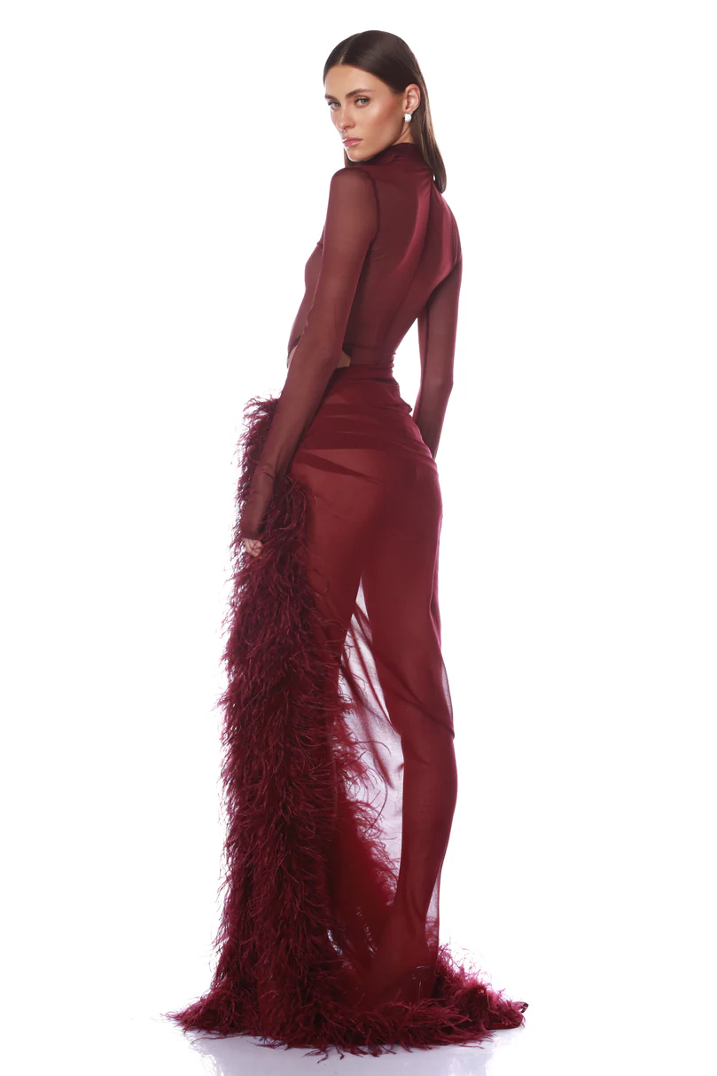 Sophia Tindall | Long Sleeve Mesh & Feather Maxi Set For Women