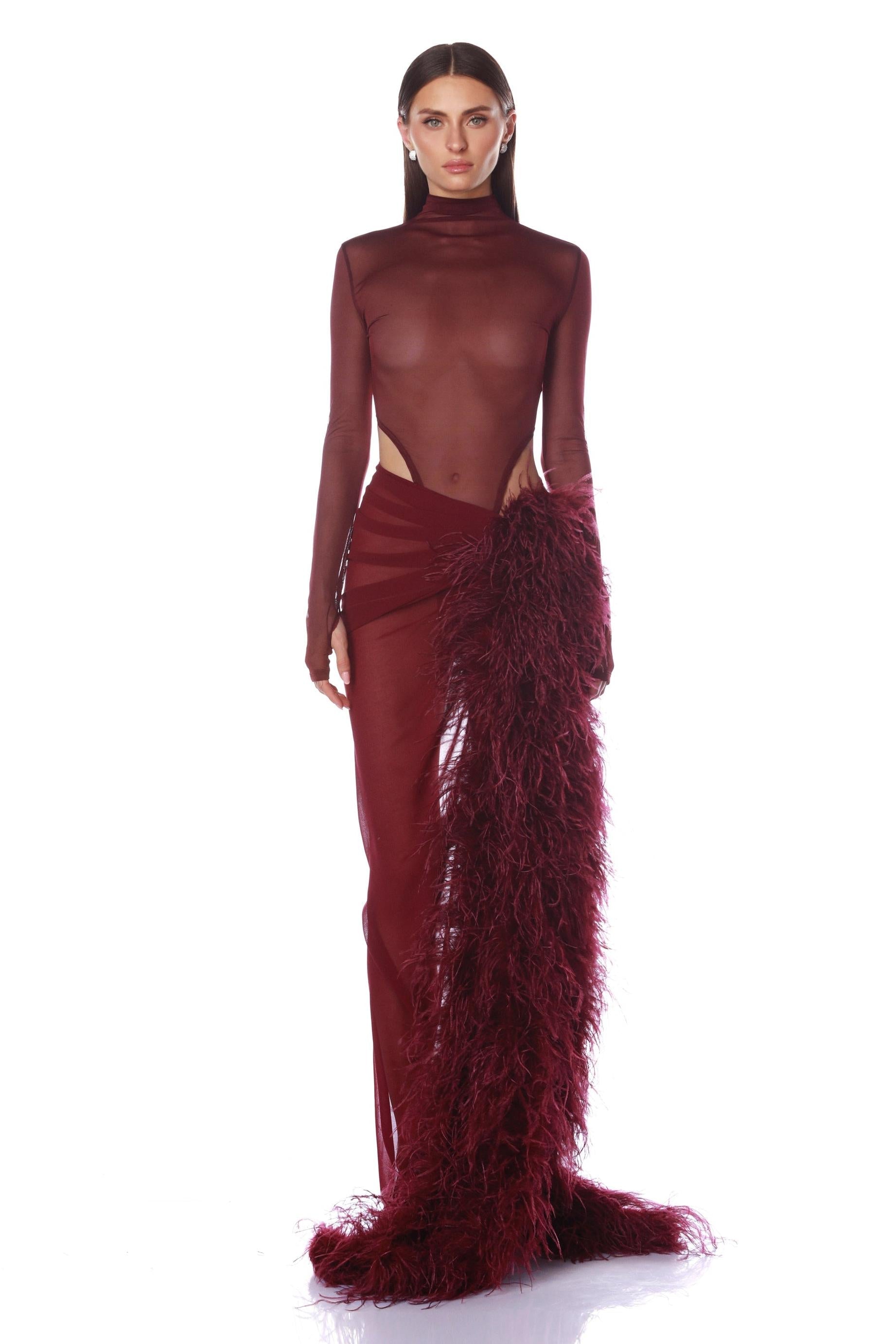 Sophia Tindall | Long Sleeve Mesh & Feather Maxi Set For Women