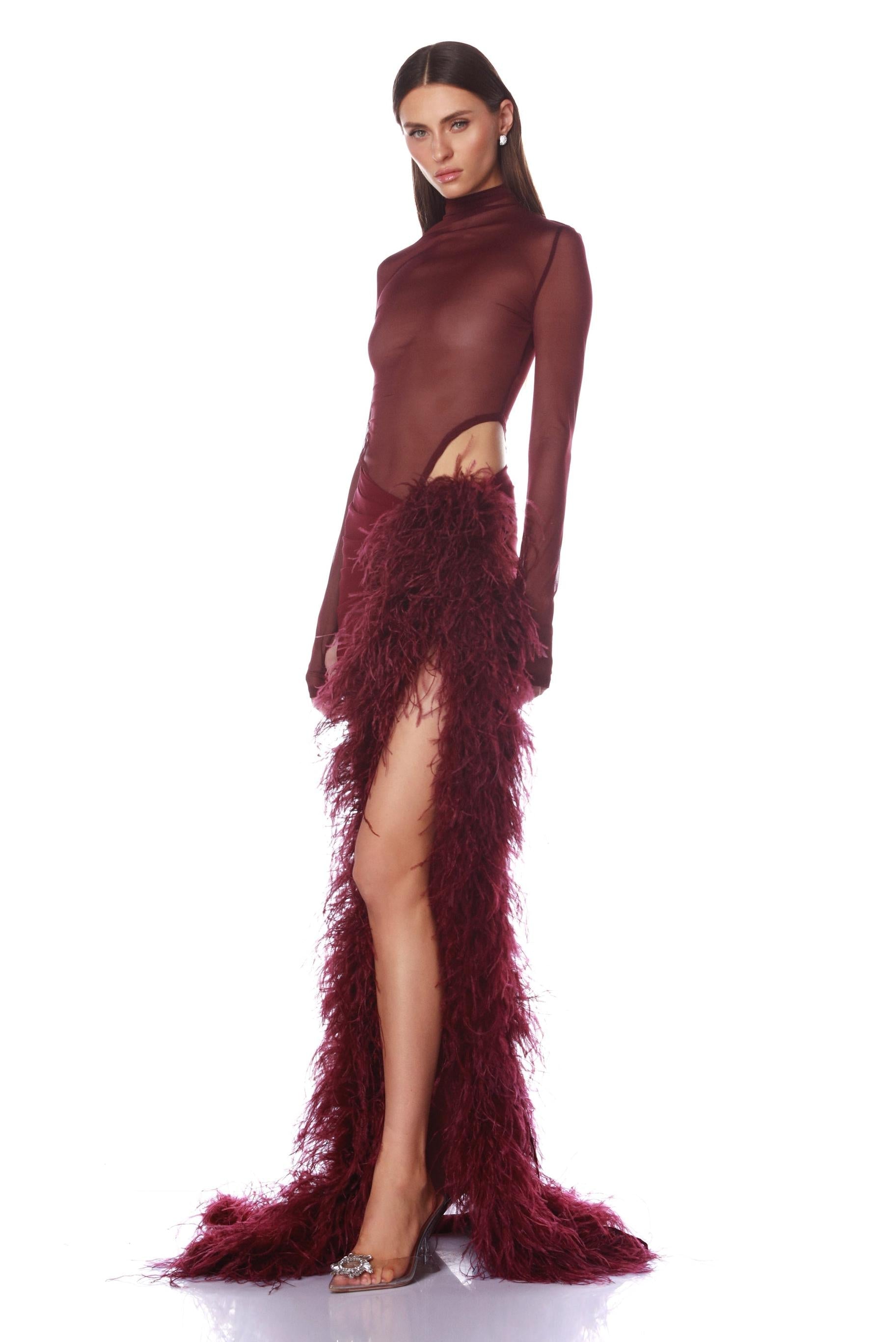 Sophia Tindall | Long Sleeve Mesh & Feather Maxi Set For Women