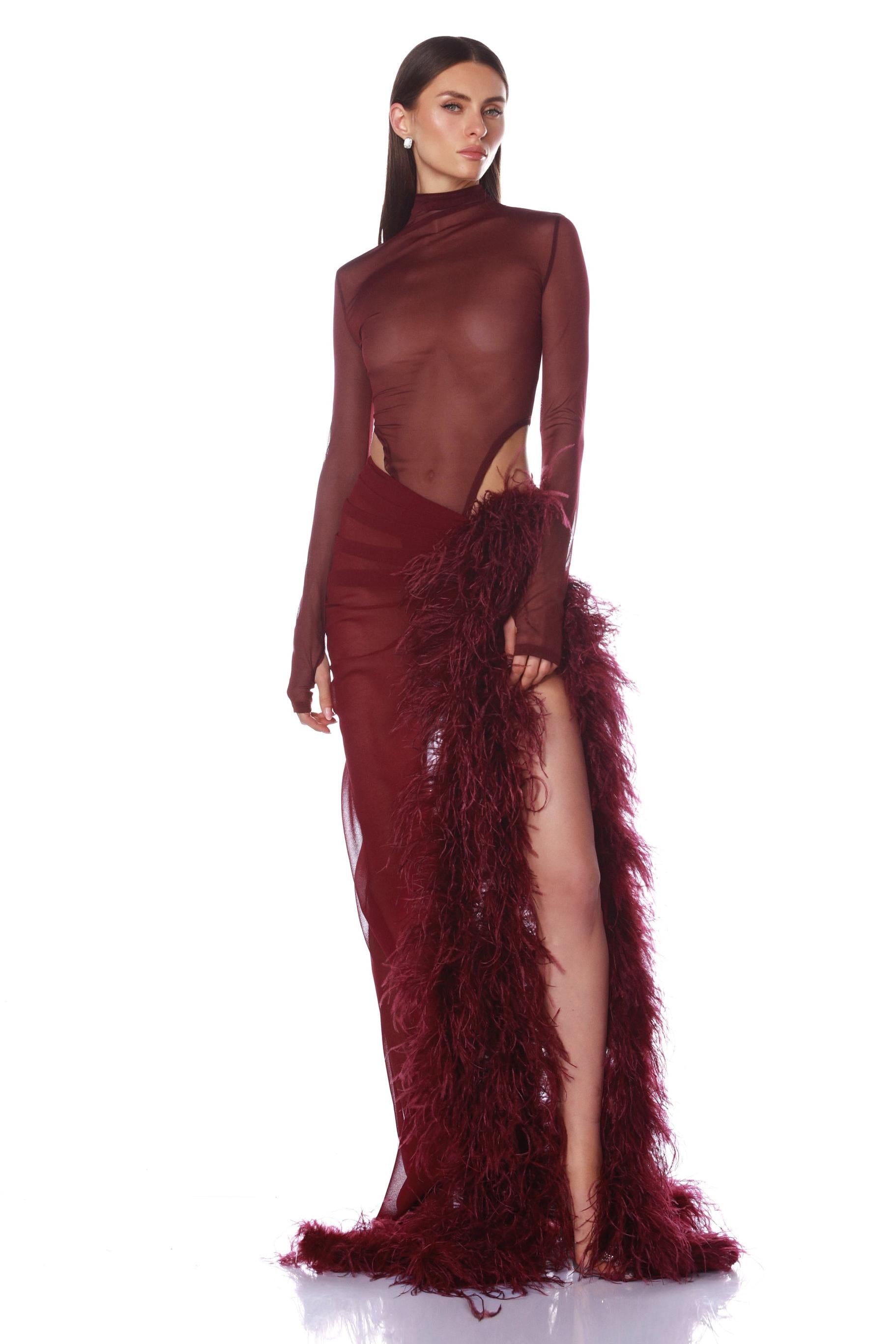Sophia Tindall | Long Sleeve Mesh & Feather Maxi Set For Women