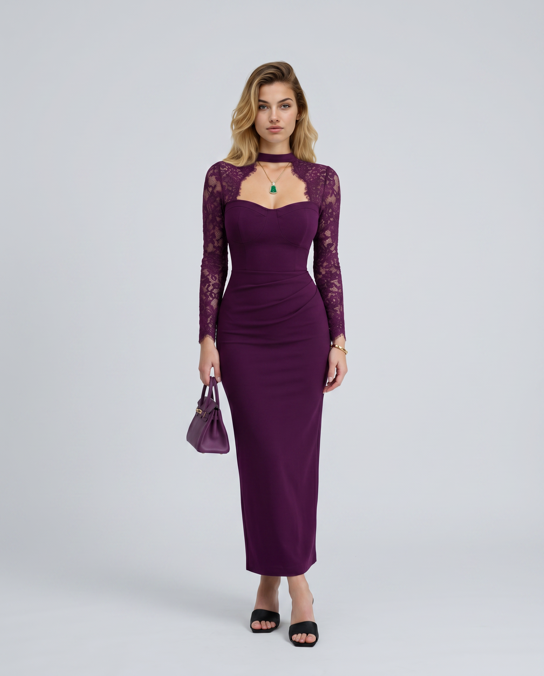 Elena Romano | Lace Sleeve Evening Maxi Dress For Women