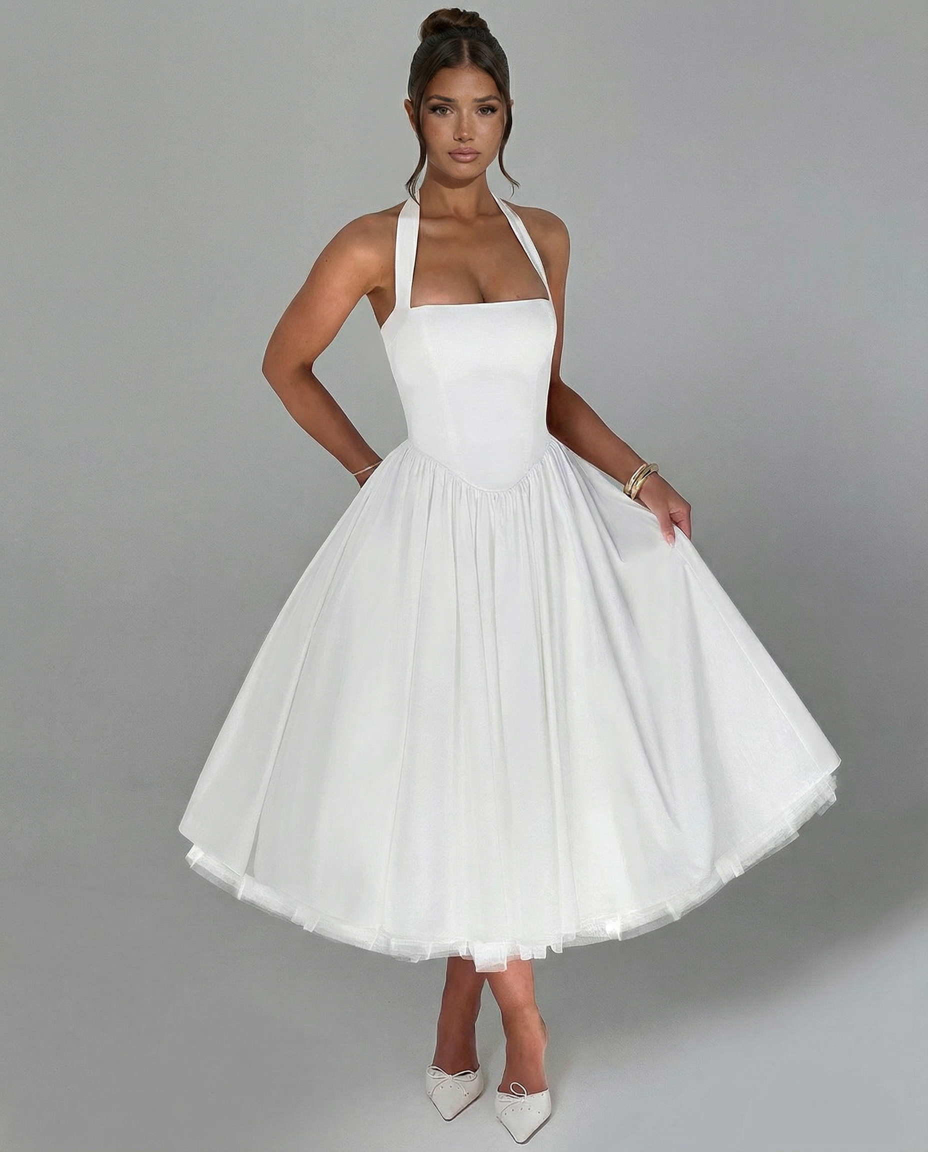 Elena Whitmore | Elegant White Midi Dress For Women